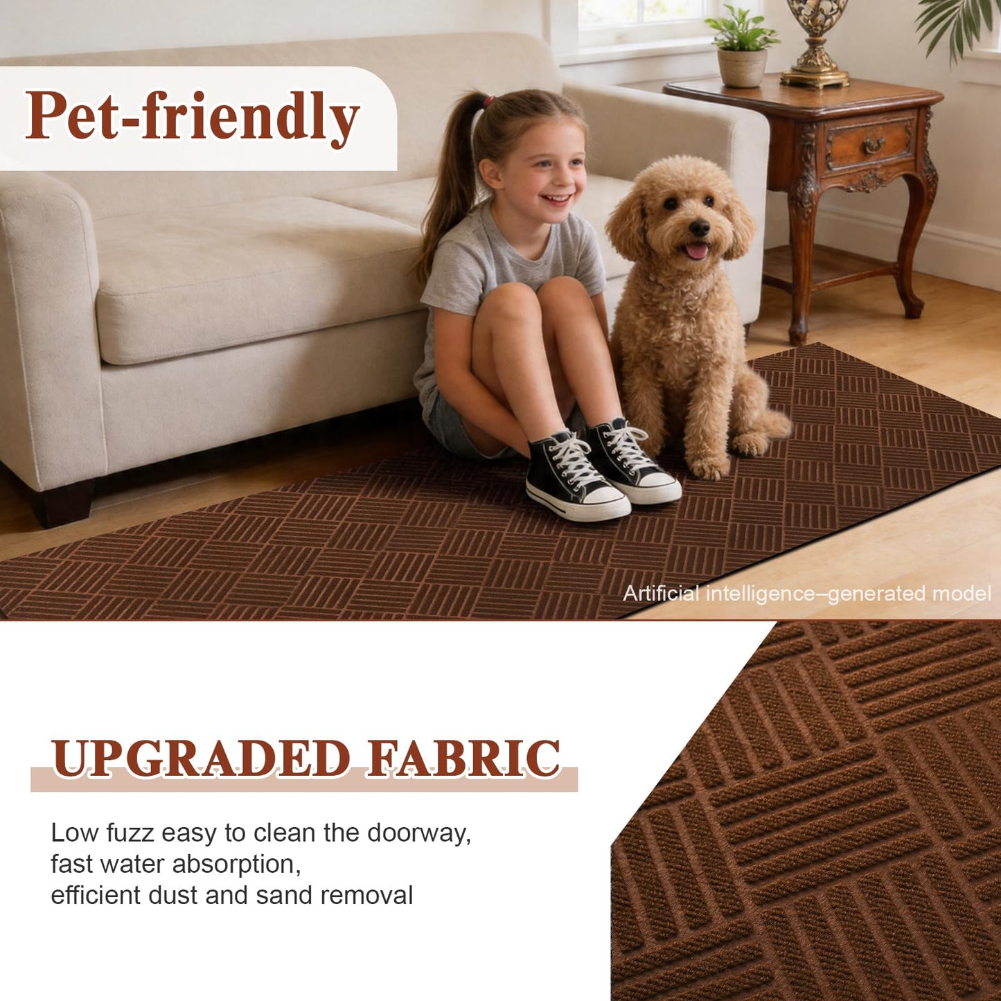 Runner Rugs with Rubber Backing for Hallway,3’x10’Fine Stripe Embossing Non-Slip Indoor Outdoor Doormat,for Entryway Balcony Patio Kitchen Garage Stair Laundry,Brown