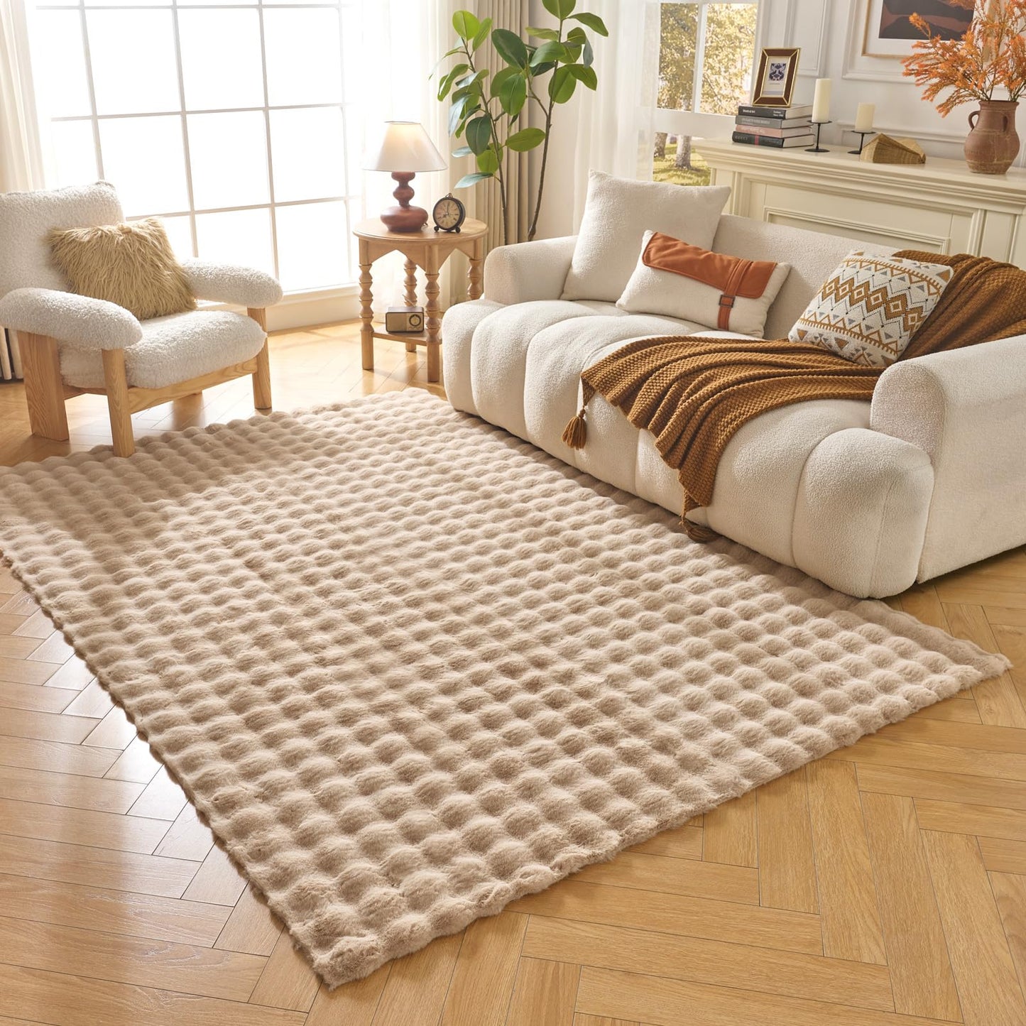 Lotus Karen Washable Area Rug, 3D Bubble Rug for Living Room, Bedroom, Faux Fur Carpet for Home Decor,6' W × 9' L, Khaki