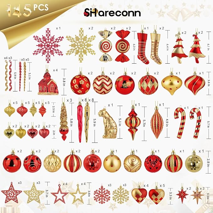 SHareconn 145pcs Christmas Balls Ornaments Set, Shatterproof Plastic Baubles Snowflakes, Stars and Tree Topper for Xmas Tree Holiday Wedding Party Decorations with Hanging Strings, Gold and Red