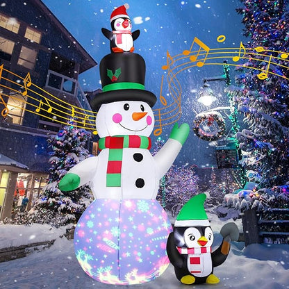 GOOSH 7 FT Christmas Inflatables Snowman and Penguin with Built-in Music & 360° Rotation Colorful Projector LED Light, Blow Up Snowman Outdoor Christmas Decoration for Holiday Party Xmas New Year