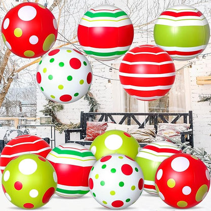 12 Pcs 24/16 Inch Giant PVC Christmas Inflatable Ball Outdoor Blow up Xmas Inflatables Ornaments Giant PVC Christmas Ornaments for Tree Yards Lawns Porch Garden Front Doors Holiday Decor(24 Inch)