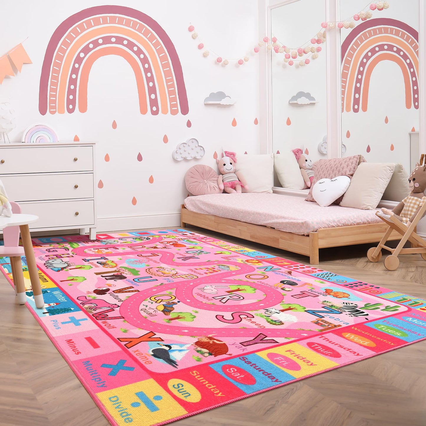 Terrug Kids Rug for Playroom, Educational Classroom Rug for Kids Room, Washable Nursery Rugs Non Slip Playroom Rugs Play Mat for Learning ABC Carpet, Numbers, Animal, Colors, Season, 3X5 Feet, Pink