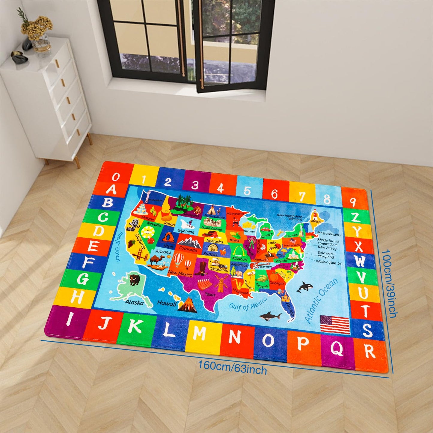 LTKOUGFAM USA Map ABC Kid Rug 39.4" × 63" for Playroom Geography Classroom Rug Educational Kids Playmat Alphabet Mat for Primary School Fluffy Ployester Non-Slip Preschool Carpet for Room
