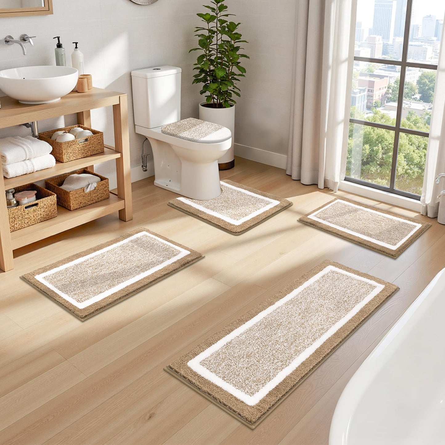 Pauwer Bathroom Rugs Sets 5 Piece Soft Absorbent Microfiber Bath Mat Set Non Slip Machine Washable Rug Plush Shaggy Bath Mats for Bathroom Decor Floor Toilet Tub and Shower, Khaki