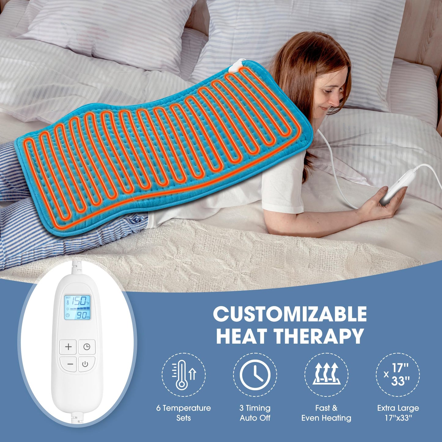 FluffyWarmth Electric Heating Pad for Back, Extra Large 17''x 33'' XXXL for Full Body,Menstrual Period Cramps,Neck Shoulder Back Pain Relief, 6 Heat Settings 3 Timers Heating Pad, Gifts for Women Men