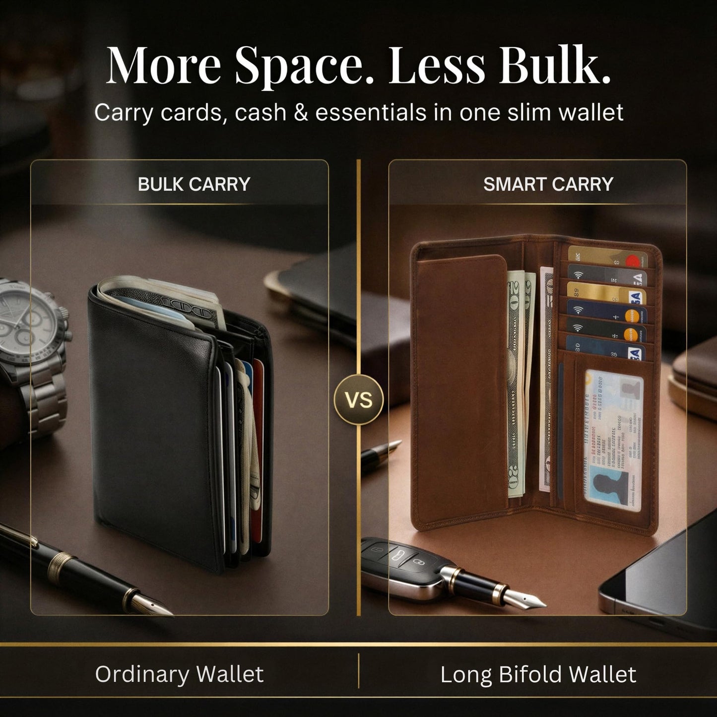 Jajmo Legacy Full Grain Leather Checkbook Cover, Long Bifold Wallet for Men - 11 Compartments