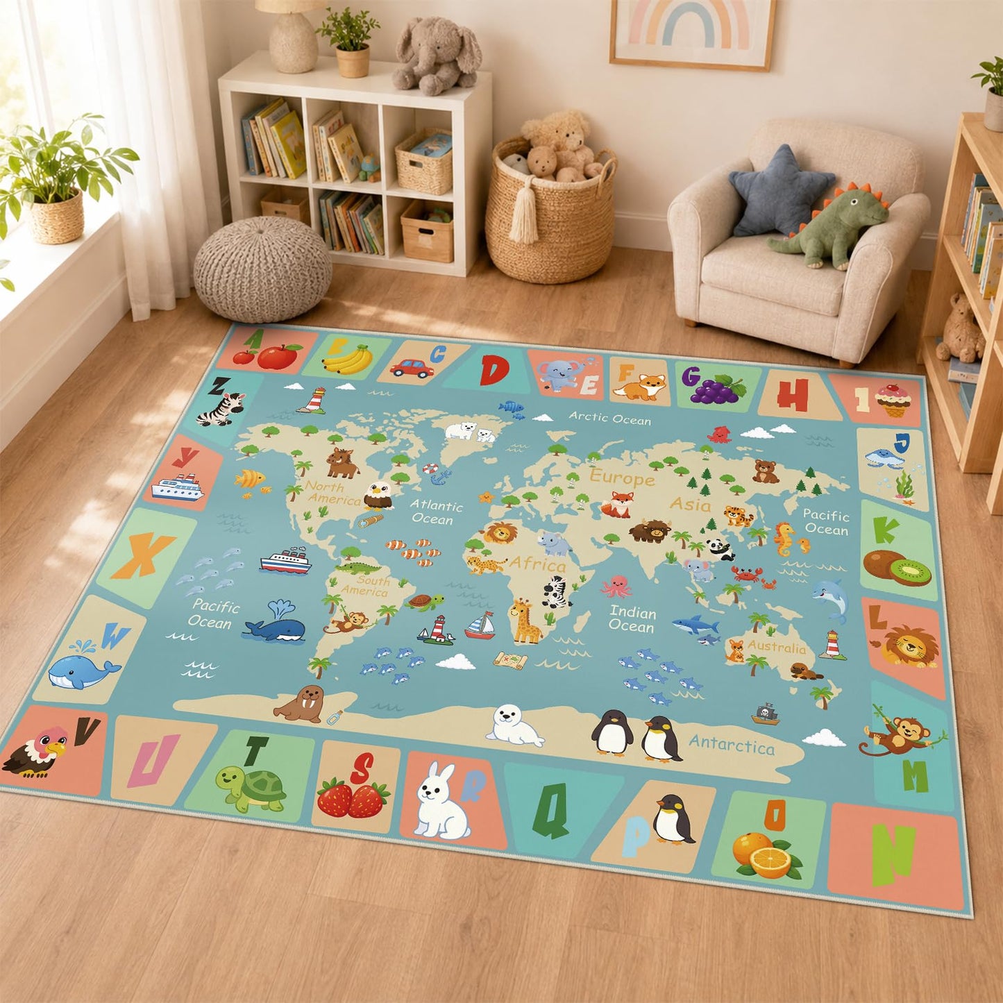 Cryvera ABC Alphabet World Map 5x7 Rug for Classroom Preschool Playroom Kids Learning Play Mat for Toddlers Daycare Educational Nursery Machine Washable Non-Slip Area Rug