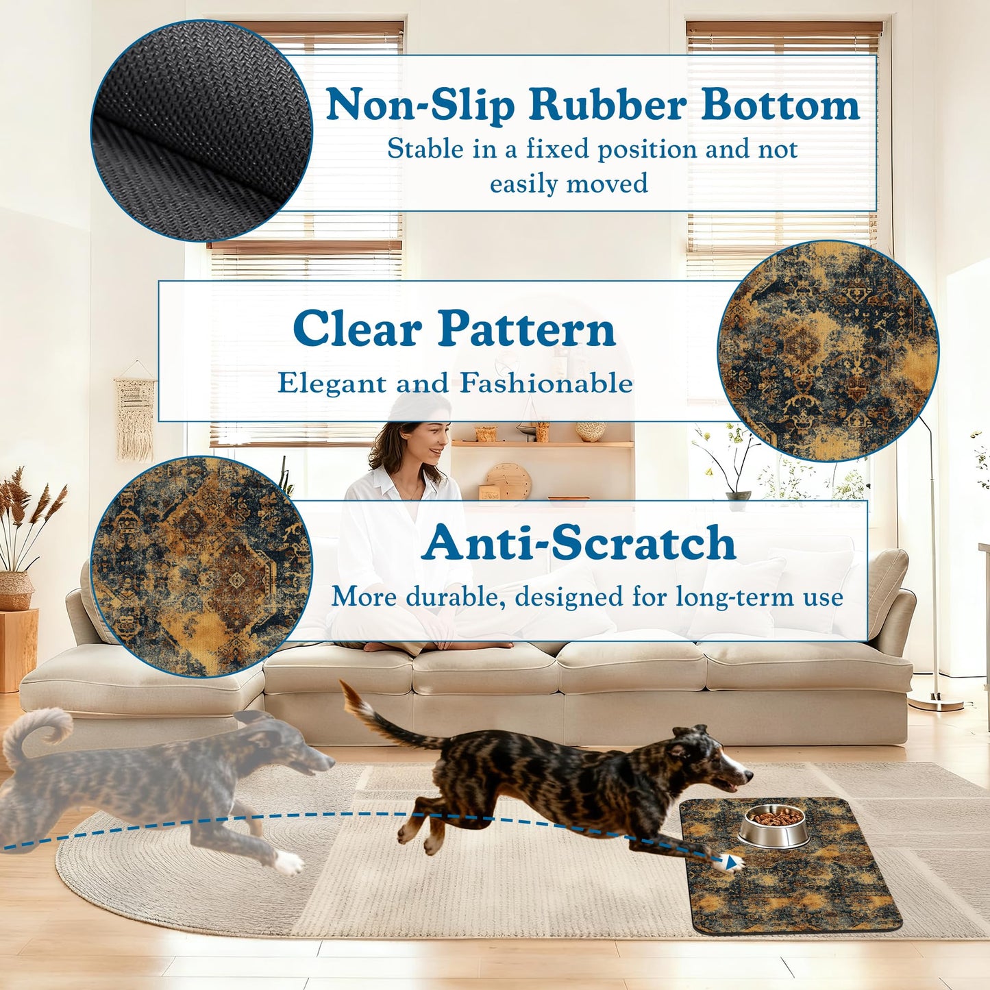 Grunge Boho Pet Feeding Mat for Floors–Absorbent Quick Dry Dog Cat Bowl Mat for Food and Water, Non Slip Waterproof Base, Mess-Free Feeding Accessories 12"x20"