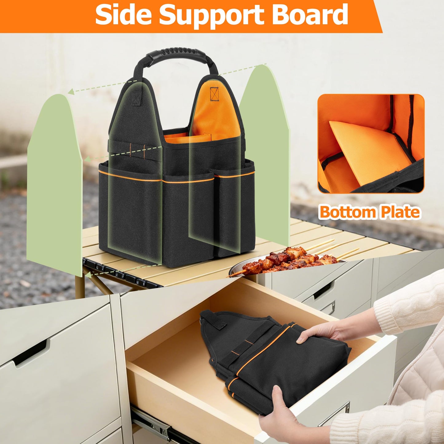 HODRANT Grill Utensil Storage Bag, Portable BBQ Tool Caddy with Divider & Boards, Large Grilling Tool Box with Pockets & Handle, Outdoor Barbecue Accessories Case for Camping & Kitchen, Bag Only