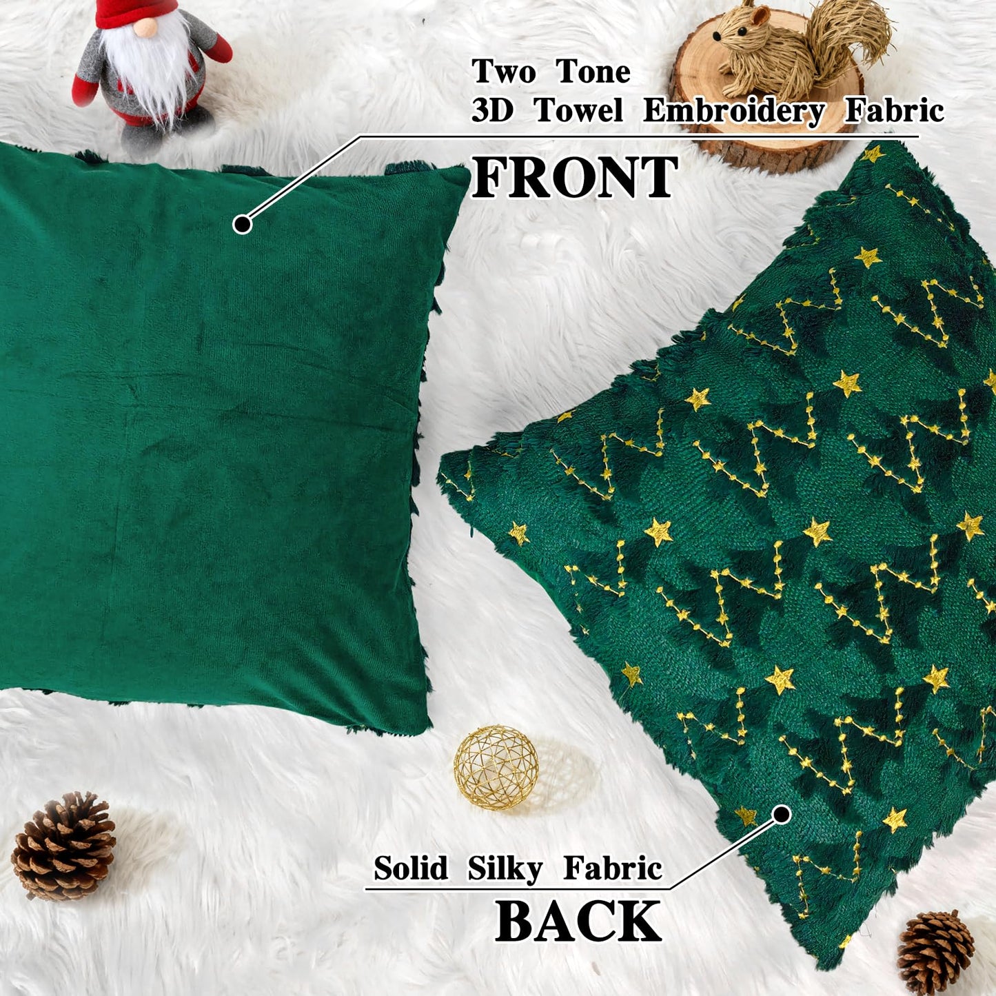 YIOTJUNL Christmas Pillow Covers 18x18 Set of 2 Soft Plush Embroidered Cushion Covers Decorative Gold Star Beige Christmas Tree Throw Pillow Cases Decorations for Winter Holiday Sofa Home Decor