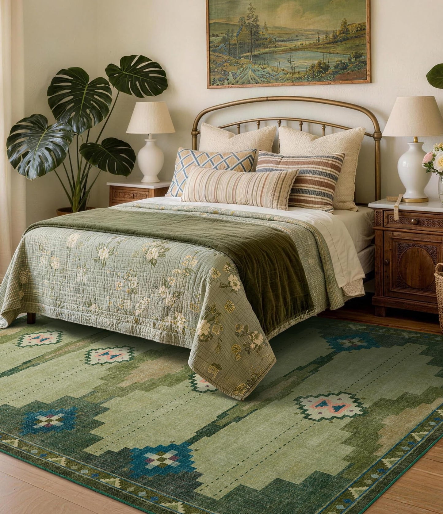 YIHOUSE Mid Century Modern Rugs for Living Room, 6x9 Green Rug No-Slip Southwestern Large Area Rug Washable Rugs for Bedroom, Dining Room