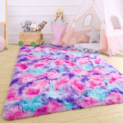 3x5 Tie-Dyed Pink Purple Blue Area Rug for Kids Entryway Kitchen, Fluffy Shag Soft Plush Furry Carpet, Non-Slip Indoor Floor Mat for Bathroom Living Room Bedroom Home Decor