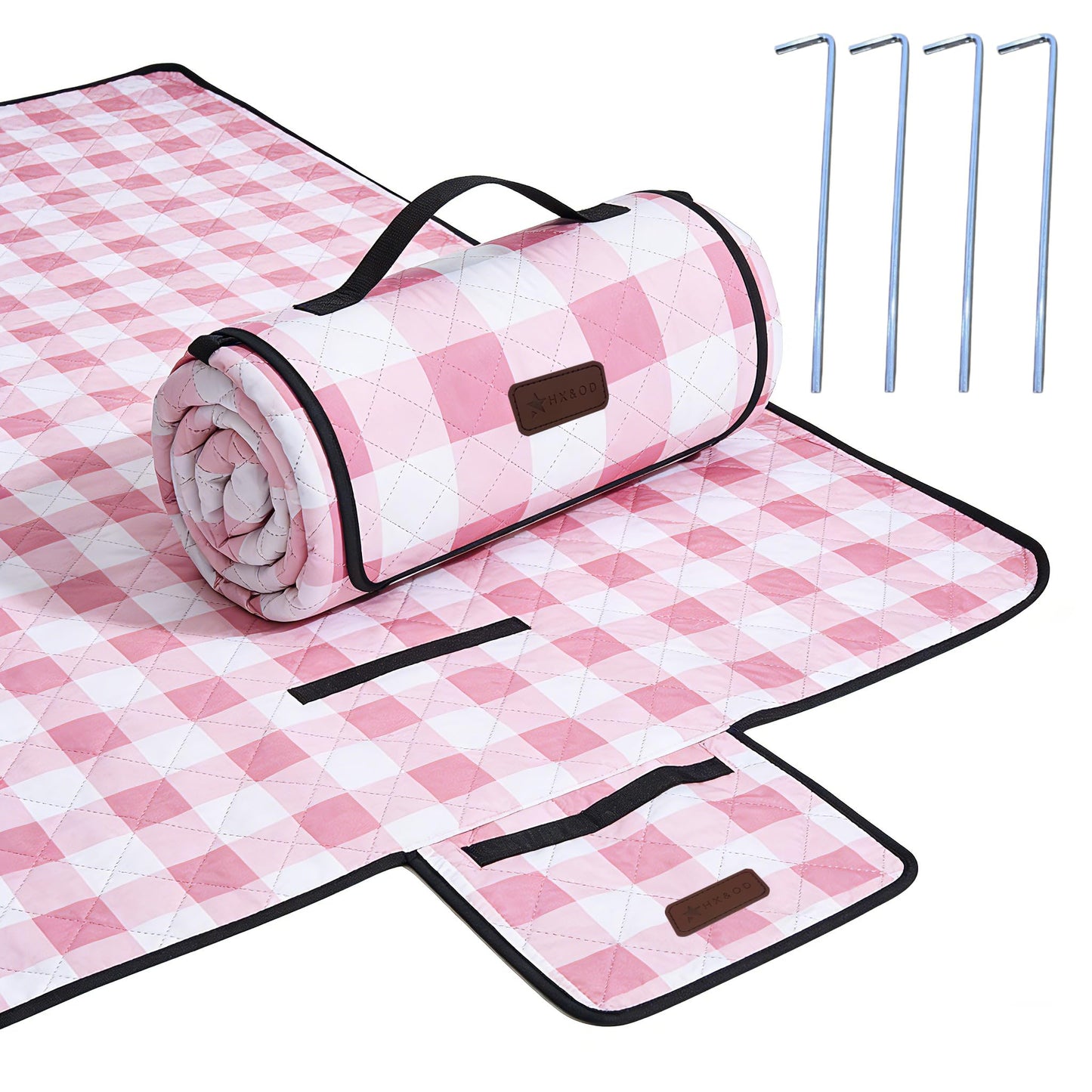 HX&OD Outdoor Picnic Blanket, Extra Large, 80''x80'' Waterproof Foldable Blankets Gingham Picnic Mat for Beach, Camping Grass Lawn Park Accessories Cute Couple Ideas Wedding (Pink, 80”x80”)