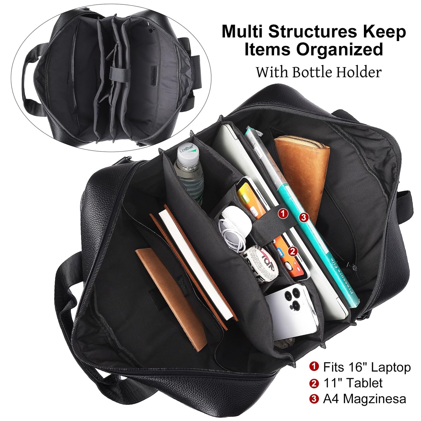 Masa Kawa Men’s Leather Briefcase for 16" Laptop Waterproof Crossbody Shoulder Messenger Bag Business Travel Work Computer Attache Case, Black