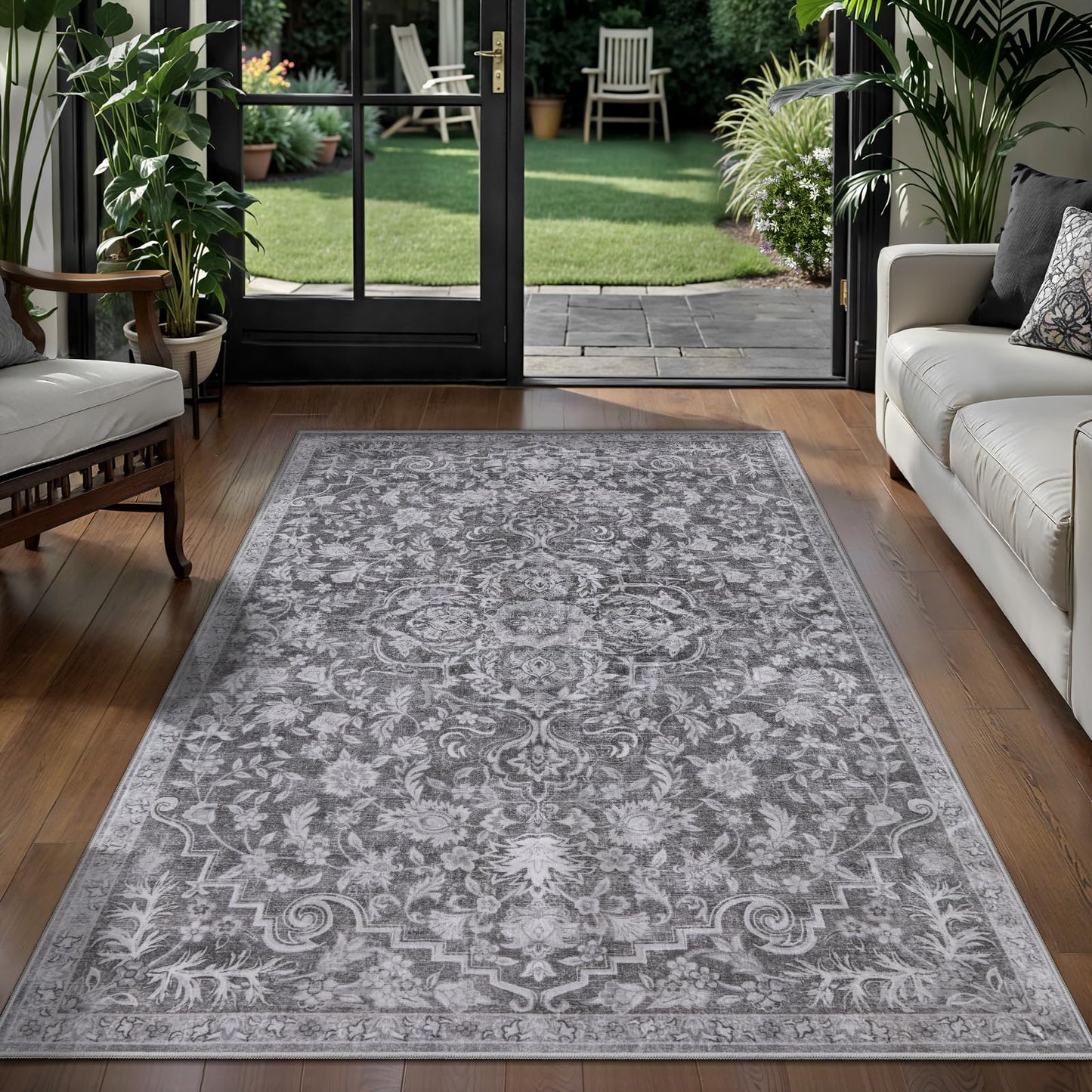 Ciicool 3x5 Washable Grey Rug Boho Floral Non-Slip Bedroom Rugs for Entryway Throw Rug Soft Low-Pile Indoor Floor Carpet for Living Room Laundry Foyer Decor