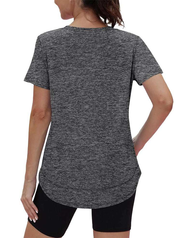 Short Sleeve Shirts for Women Workout Pilates Outfits Tennis Summer Tops 2026 Beach Vacation Clothes V Neck Dark Grey M