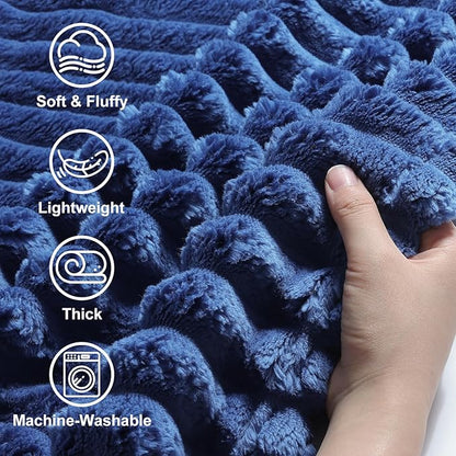 decorUhome Soft Fleece Navy Blue Twin Blanket for Bed, Cozy Fluffy Plush Flannel Striped Throws for Couch Sofa, Lightweight Decorative Ribbed Fuzzy Blanket for Woman, 60x80 Inches