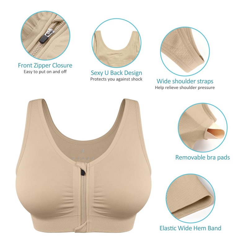 Women's Zip Front Sports Bra Wireless Post Surgery Bra Padded Surgical Bra Racerback Workout Bras Active Yoga Sports Bras Mastectomy Bras for Women Plus Size