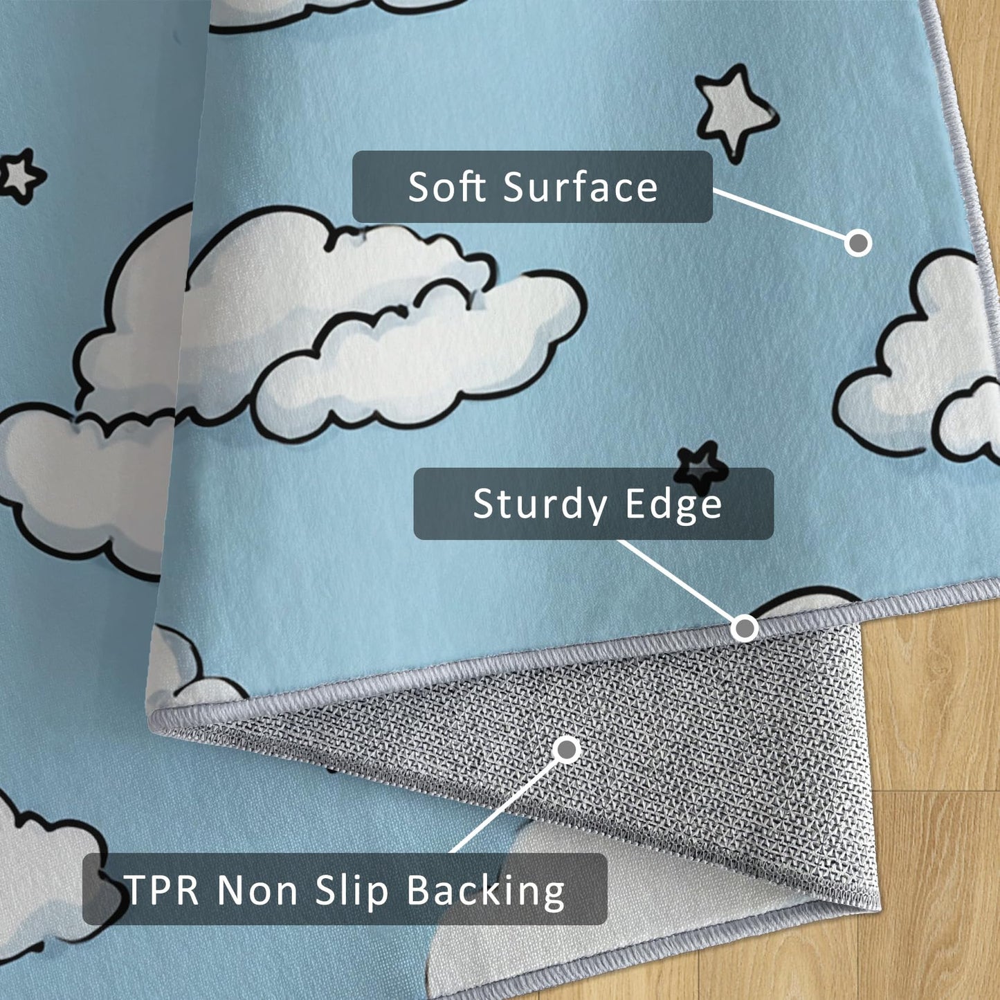 White Cloud Star Rug, Washable Area Rug 5x7 Rugs for Living Room, Cartoon Sky Blue Patterned Indoor Carpet, Cloud Star Decor for Home, Bedroom, Soft Non Slip Thin Design TWR109