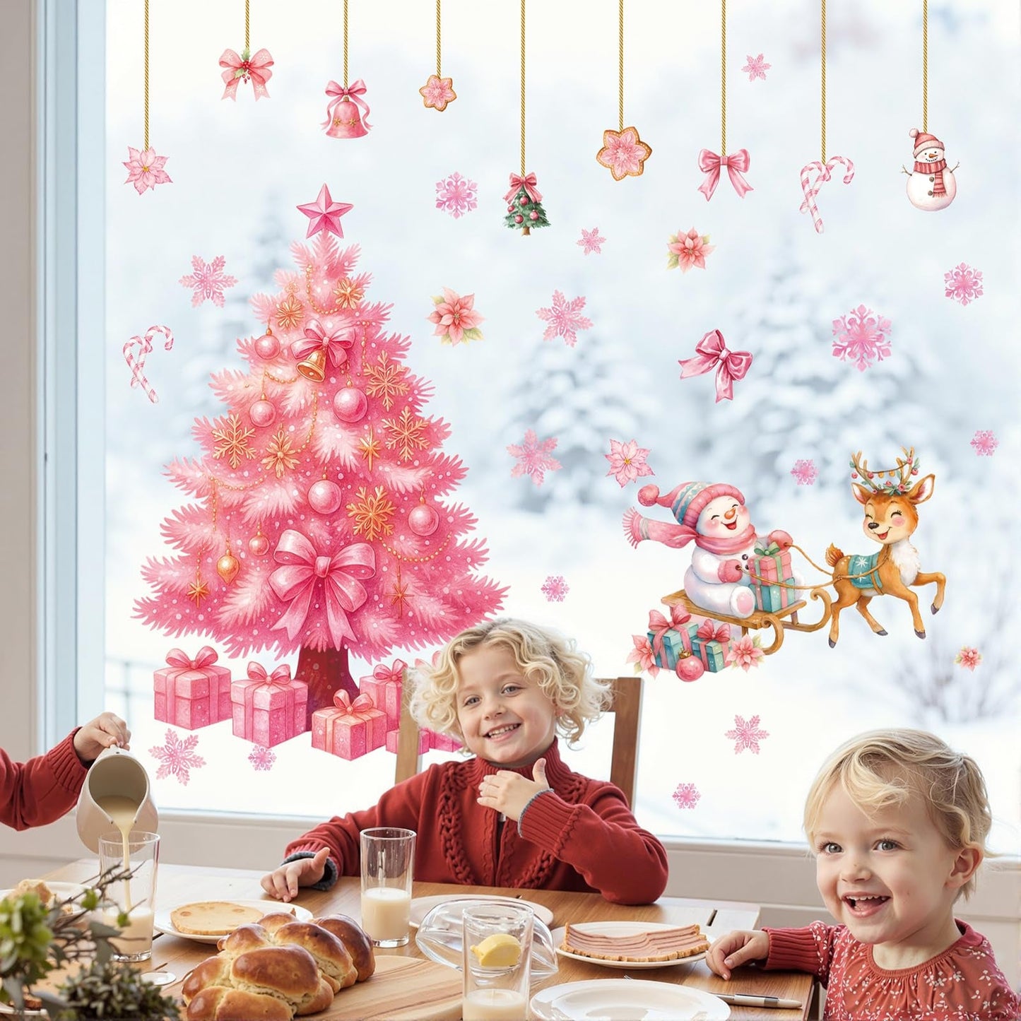 TOARTI Large Pink Christmas Tree Wall Decals Merry Christmas Window Clings Pink Xmas Tree Wall Sticker for Living Room Xmas Party Supplies Winter Holiday Party Decor