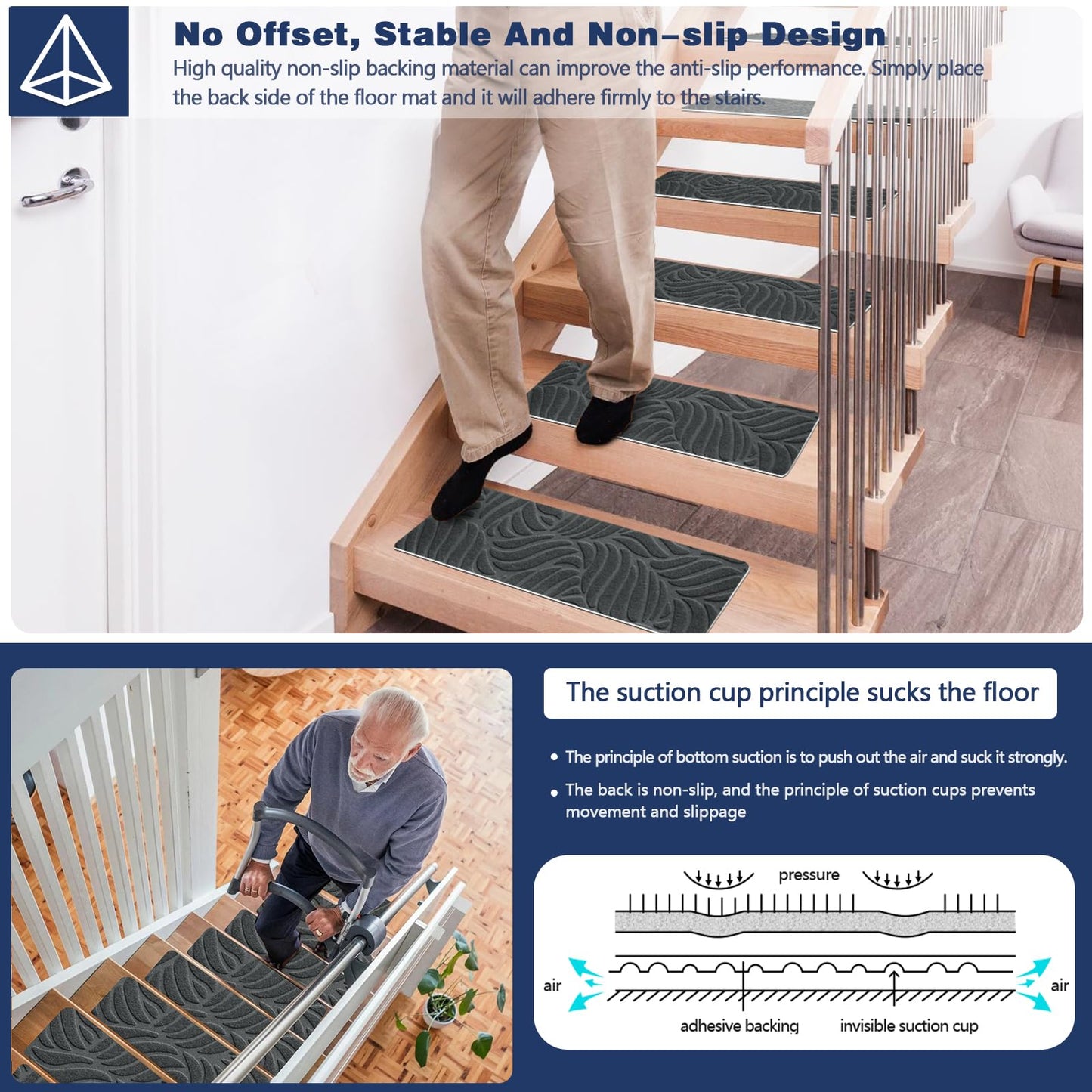 JAYFAN Non-Slip Stair Treads Mat Carpet for Wooden Steps(7/15 Pack), 21.6 x 7.4IN Self-Adhesive, Safety Indoor Stair Runner Mats, Anti Slip Stair Treads for Kids Elders and Dogs Pets