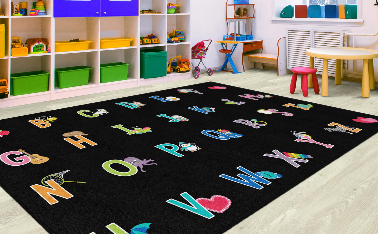 Flagship Carpets Alphabet Pictures On Black Criss Cross Applesauce Children's Classroom Décor Area Rug for Schools, Durable and Fun for Learning Centers, Daycares and Preschools, 7'6" X 12'