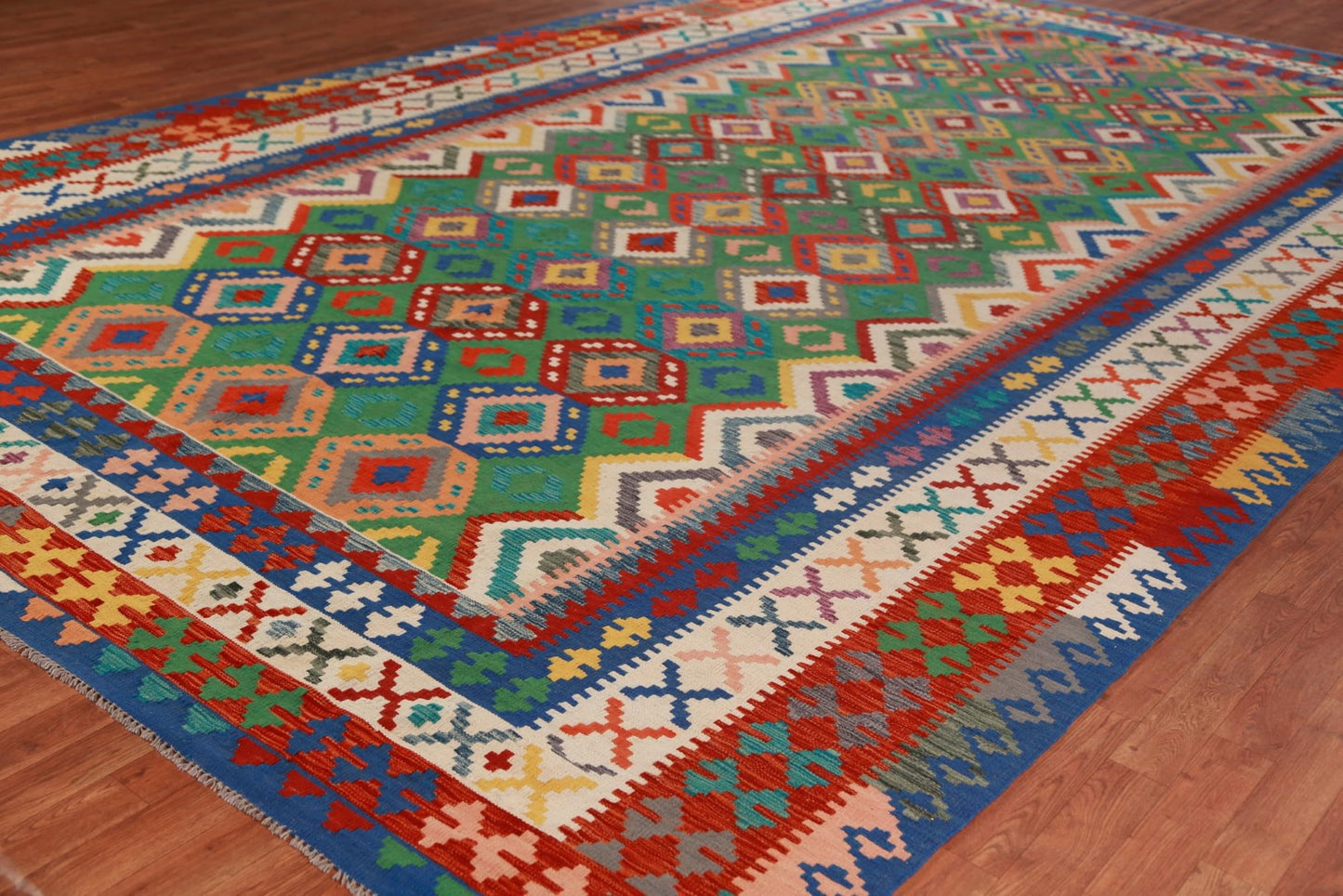 Rug Source Southwestern Style Collection Large Rugs (Palace Sized) Kilim Rectangle Rug, Hand Woven Green All-Over Rug, Oriental 100% Wool Carpet for Bedroom, Living Room, Dining Room