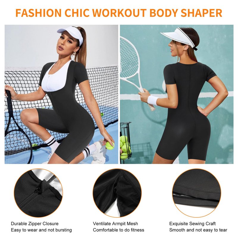 URSEXYLY Sauna Suit for Women Sweat Vest Waist Trainer 3 in 1 Slimming Full Body Shaper Workout Top with Sleeve Shorts (Black, XX-Large)