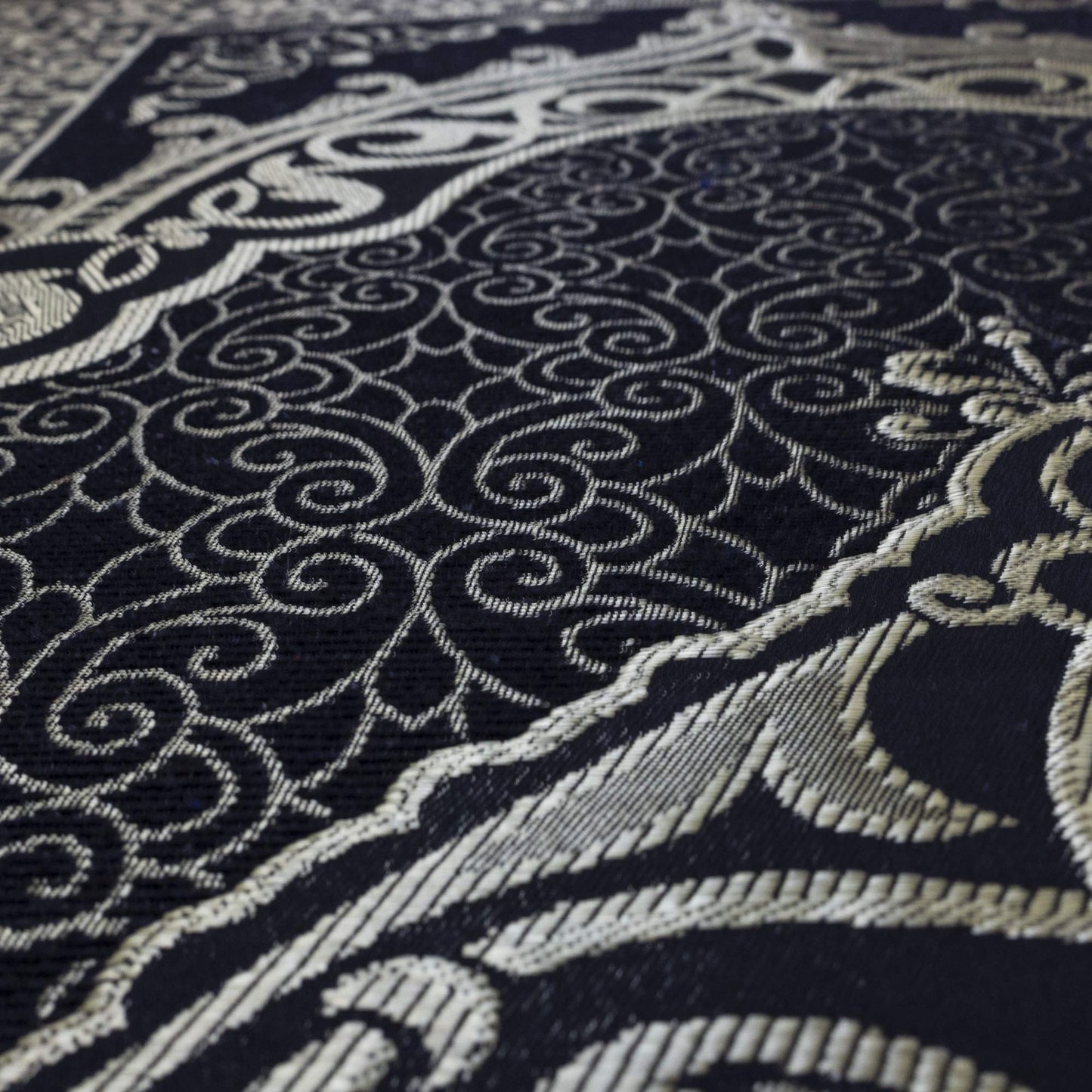 Modefa Islamic Prayer Rug Thin Woven Chenille and Taffeta Turkish Sajadah Intricate Design Metallic Ottoman Mat (Black + Blue)