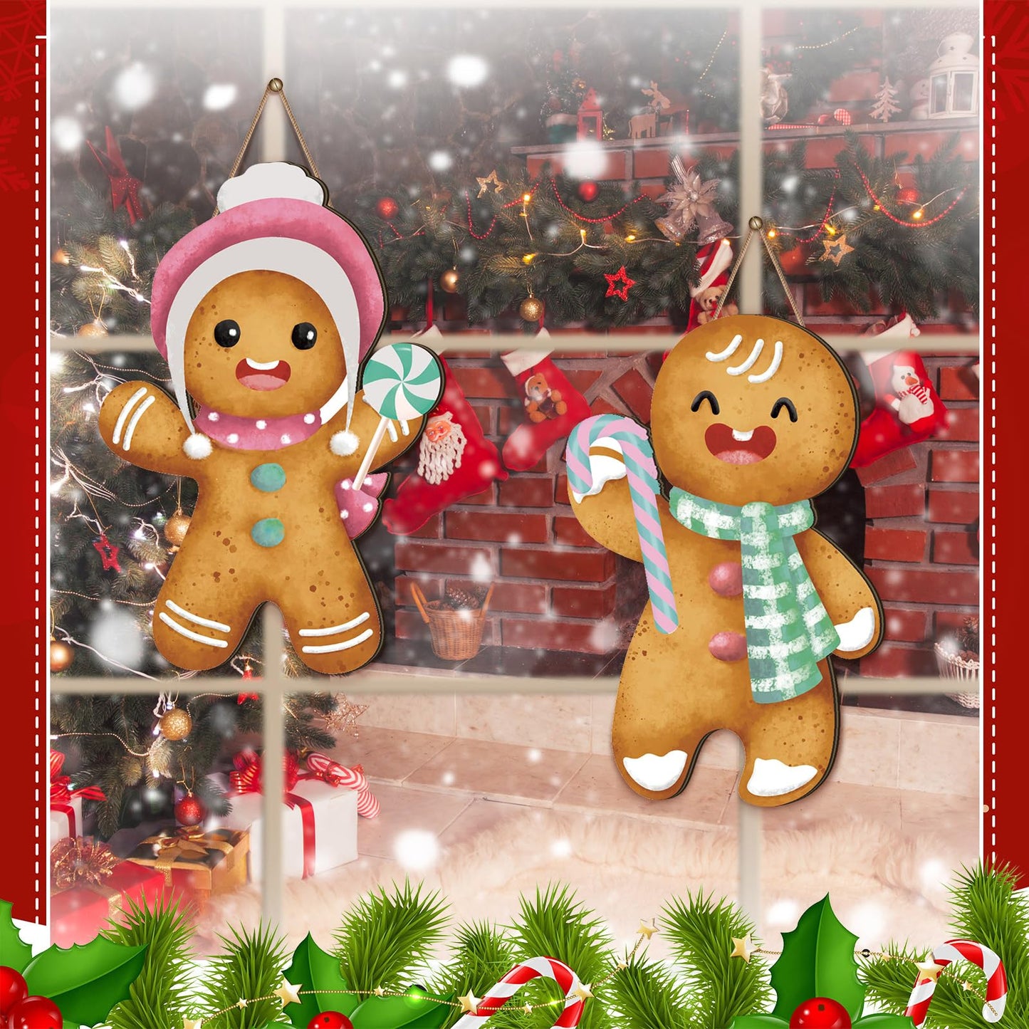 2 Pcs Pastel Gingerbread Christmas Decorations Christmas Wreath Hanging Sign for Front Door Candyland Wooden Welcome Signs Gingerbread Man Hanging Signs Ginger Bread Decor for Holiday