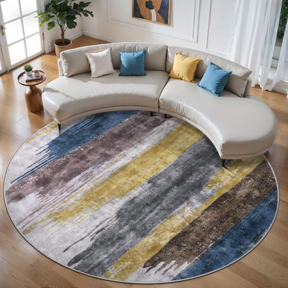 Ciicool 6ft Round Washable Rug, Modern Abstract Circle Rugs, Non-Slip Thin Lightweight Rug Yellow Brown Circular Print Distressed Carpet for Bedroom Living Room Under Dining Table Home Office Decor
