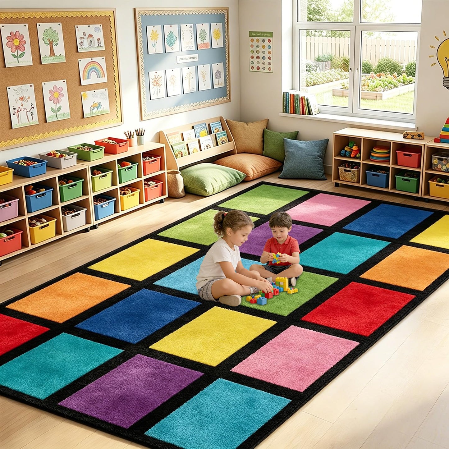 5x7.6 ft Rainbow Color Squares Classroom Rug Happy Squares Educational Area Mat Rainbow Themed Colorful Play Carpet Back to School Learning Mat for Elementary Preschool Nursery(Rainbow Color)