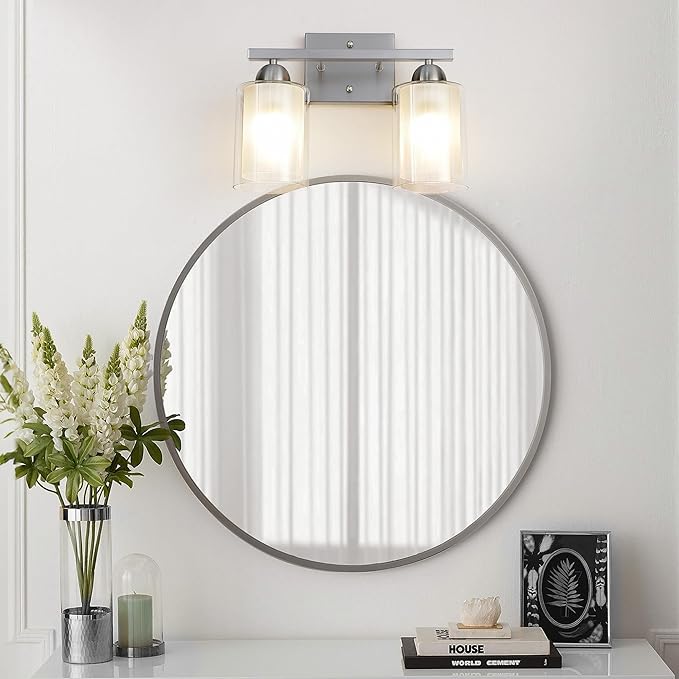 Stainless Steel Bathroom Vanity Light Over Mirror, 2 Light Brushed Nickel Bathroom Light Fixtures with Milk Glass and Clear Glass Shades, Modern Vanity Lighting Wall Mount
