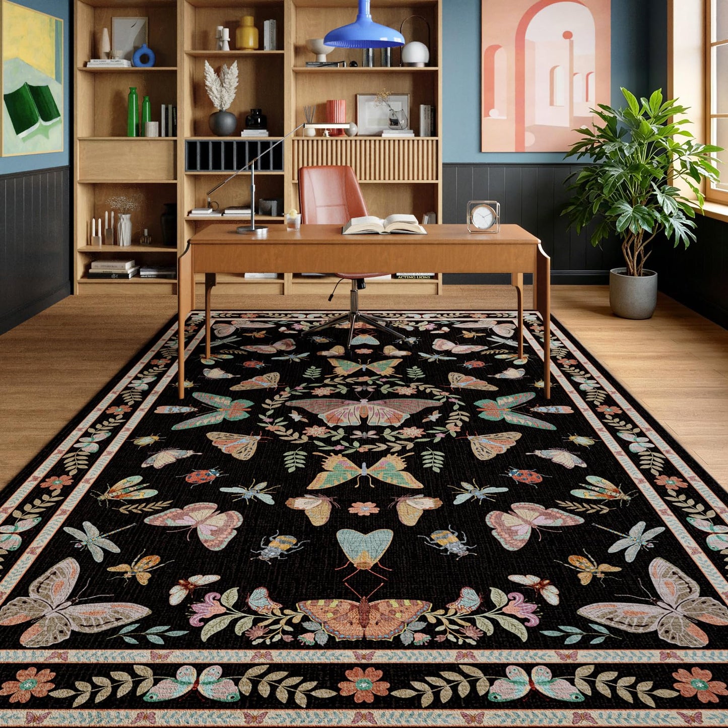 Unirea 8x10 Black Area Rug for Living Room Bedroom Under Bed, Large Washable Boho Insect Bug Rug, Non Silp Dining Room Under Table, Thin Soft Low Pile Stain Resistant Carpet for Home Office