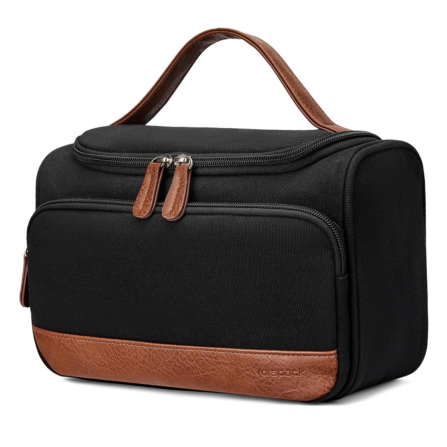 Vorspack Structured Canvas Toiletry Bag for Men, Upright Travel Bag with Wet Pocket, Wide Opening Bathroom Organizer for Shaving, Grooming, Skincare, Travel Essentials, Medium-Black
