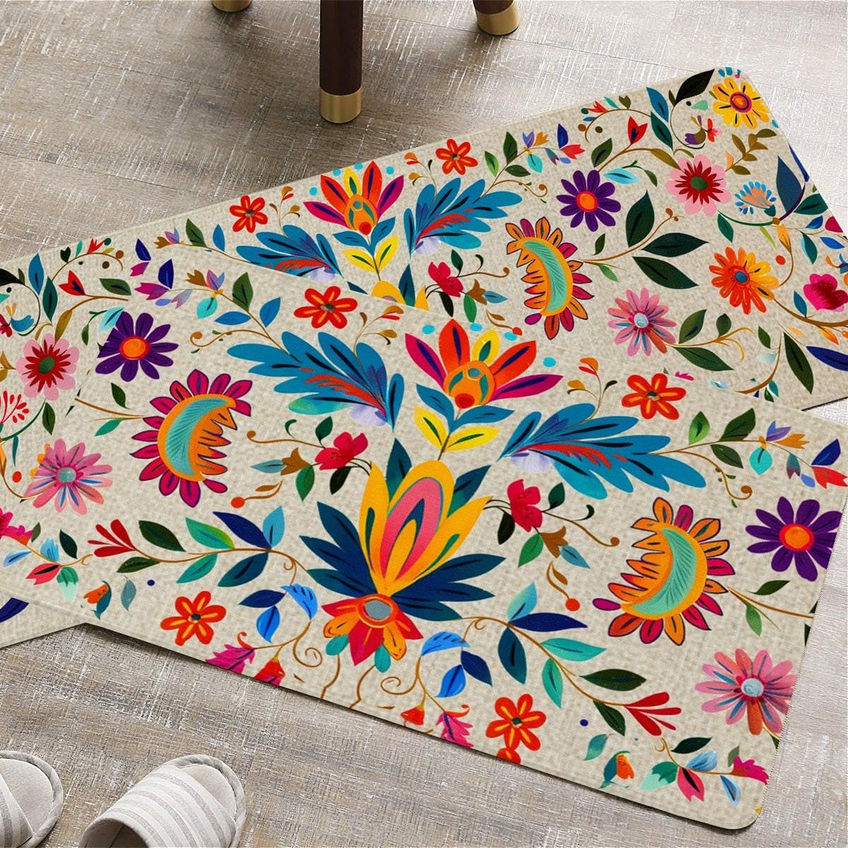 YWZDS Mexican Floral Kitchen Rugs Set of 2, Colorful Kitchen Mats with Rubber Backing Non Slip Washable, Cinco De Mayo Gift, 17" x 29 + 17" x 47" (White)