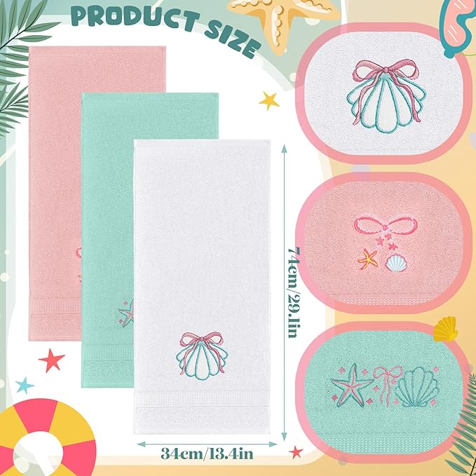 3 Pack Seashell Bow Coastal Hand Towels