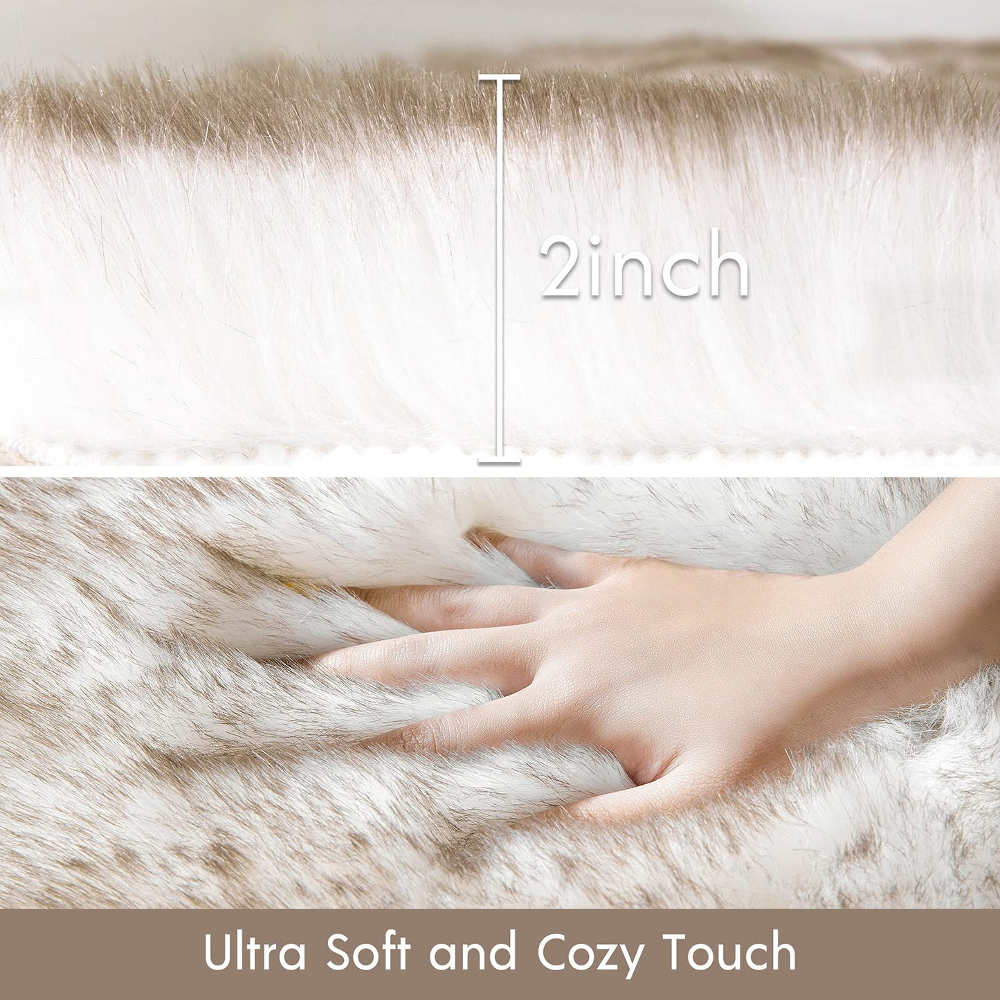 Phantoscope Faux Fur Rug, Fluffy Soft Faux Fox Fur Area Rugs for Bedroom Livingroom Kids Room Decor,Shaggy Fur Rugs Anti-Skid, White Brown, 2 x 6 Feet