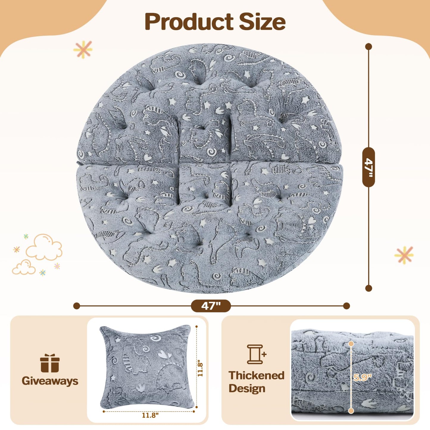 blue page Circle Kids Play Mat 5.9 in Thick, 5-in-1 Comfy Padded Playmat for Ages 3+, Glowing Round Floor Rug for Nursery Playroom Reading Corner, 47x47 in Grey Dinosaur