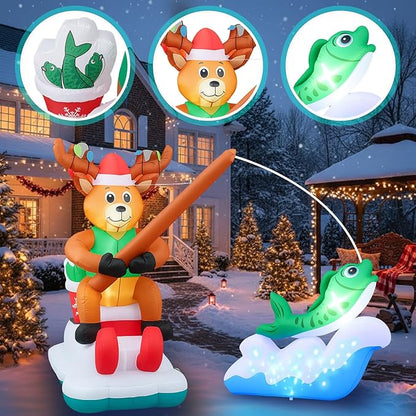 14 ft Long Christmas Inflatable Fishing Santa Claus, Santa Claus Inflatable Courtyard Outdoor Decoration with Built-in Rotating Blue LED Lights for Christmas Party Garden Lawn Decoration
