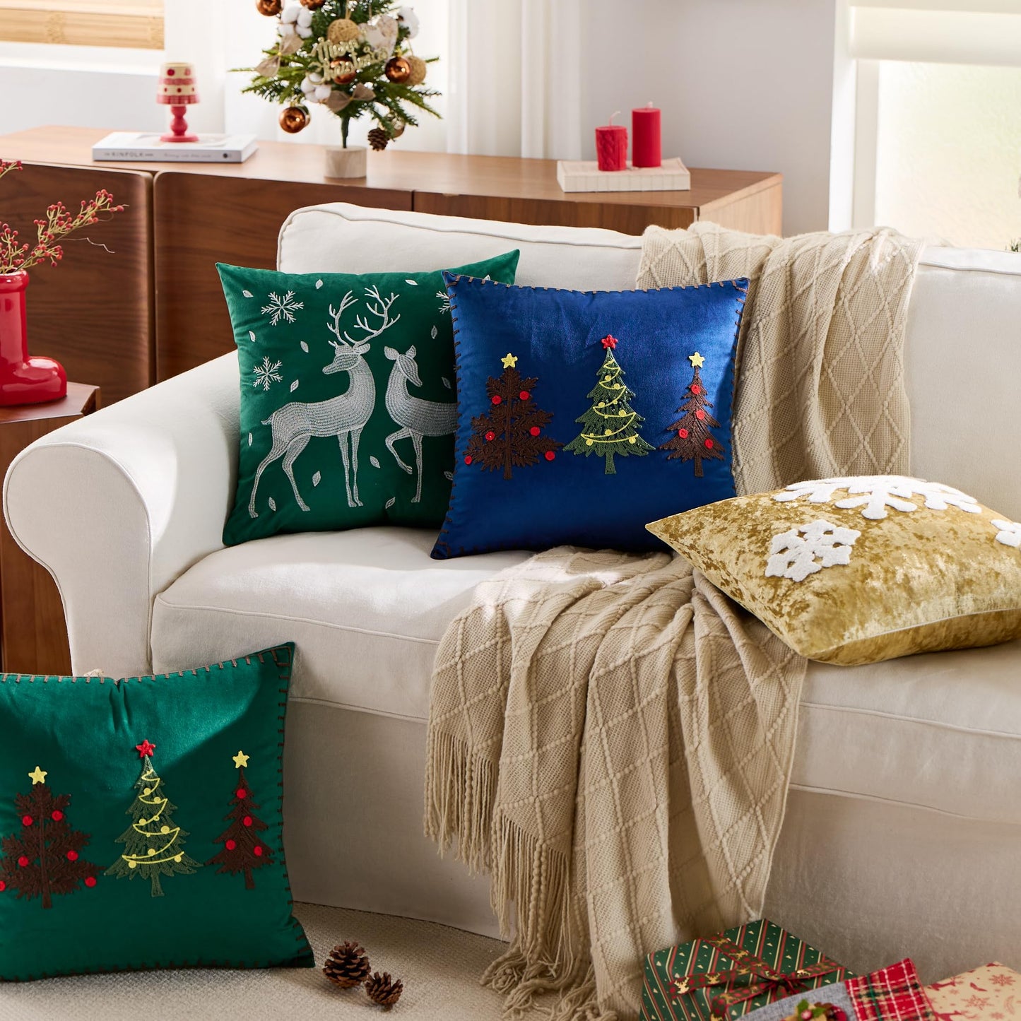 KINDREX Christmas Tree Throw Pillow Covers 18x18 Set of 2 Winter Holiday Decorative Emerald Green Embroidered Luxurious Soft Velvet Accent Pillowcase for Sofa Couch Bed Living Room Home Decor