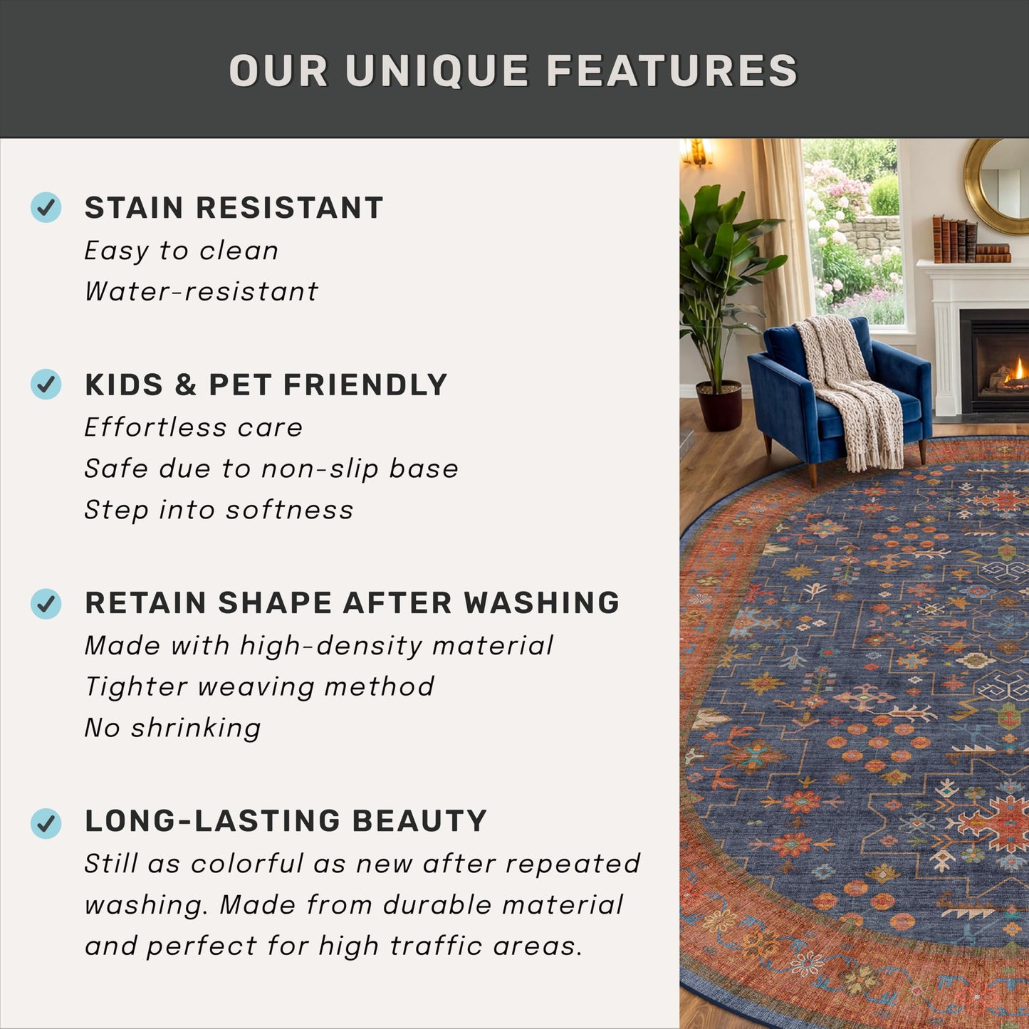 Large Oval Rugs 3x5 for Entryway - Non-Slip Machine Washable, Throw Rugs for Kitchen, Floor Mat, Laundry Room - Stain Resistant Non-Skid Rubber Backing, Tribal Farmhouse Décor (3x5 Navy Blue)