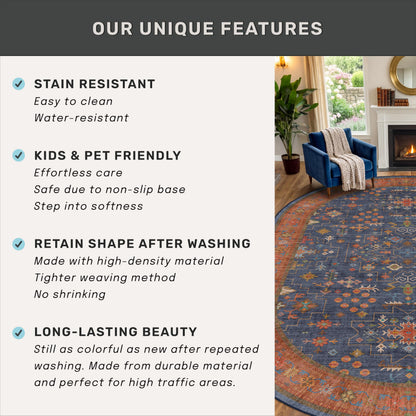 Large Oval Rugs 3x5 for Entryway - Non-Slip Machine Washable, Throw Rugs for Kitchen, Floor Mat, Laundry Room - Stain Resistant Non-Skid Rubber Backing, Tribal Farmhouse Décor (3x5 Navy Blue)