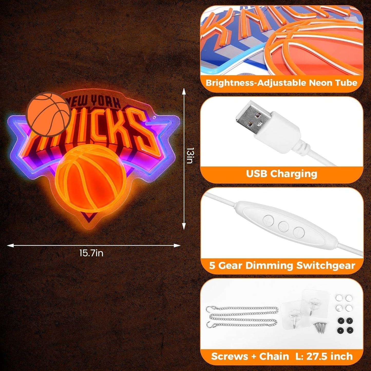 Basketball Team Neon Sign, Sport Light Up Dimmable New Yok Basketball Team Logo Hanging USB Powered Led Neon Sign for Wall Decor, Bedroom, Man Cave, Party, Birthday Party Christmas Merch Deco Gift for Boys New Yok Fans