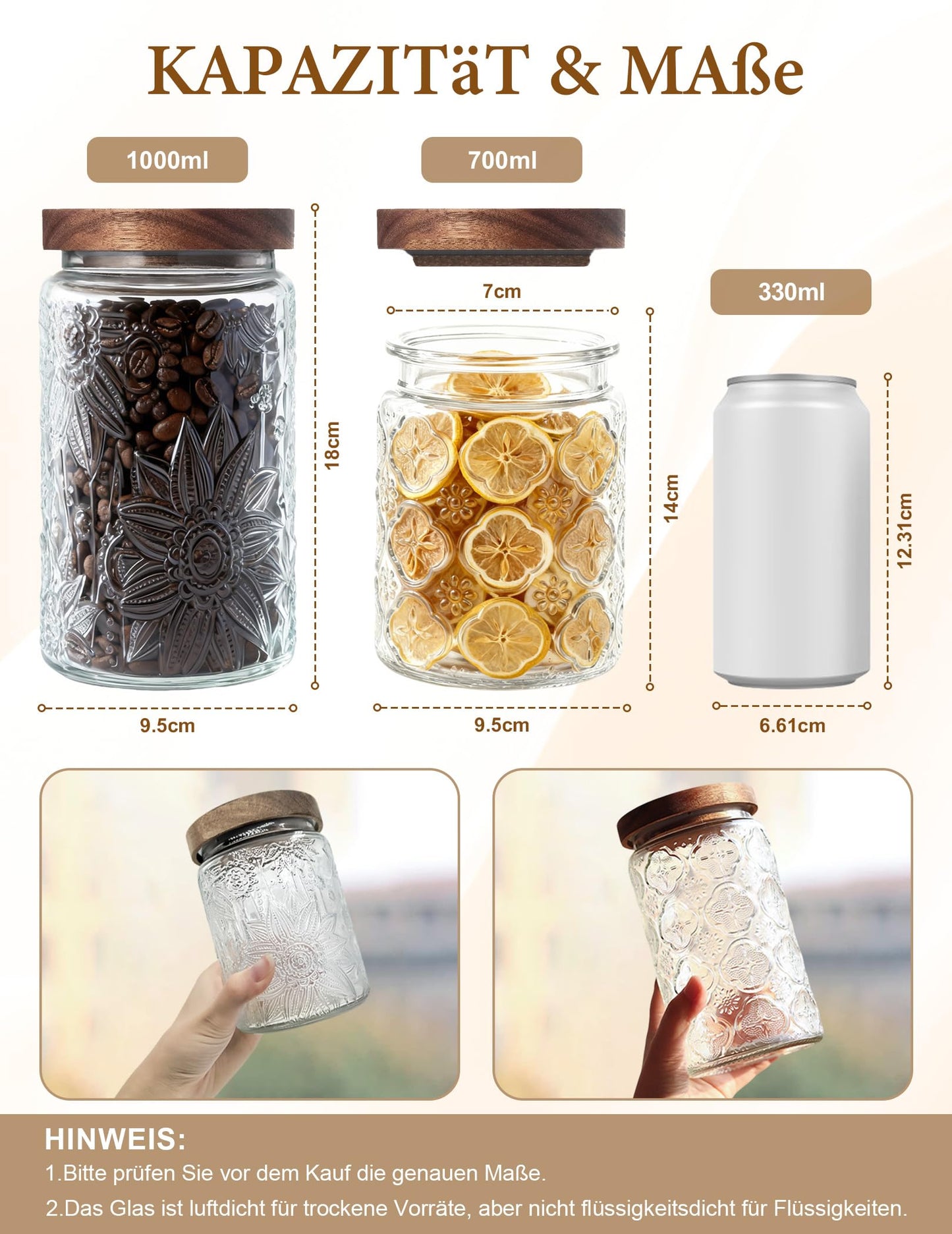 PENGSHU Vintage Glass Jar with Wood Lid - Christmas Airtight Canisters for Kitchen Countertop Bathroom, Storage Candy, Cookie, Coffee, Apothecary, Sugar, Flour,Pet Treat (Begonia, 34oz/1000ml)