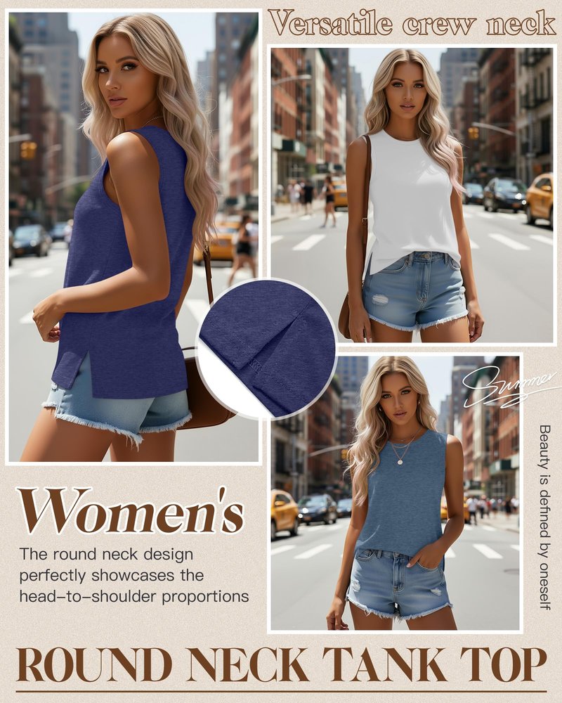 Ficerd 4 Pack Women's Sleeveless Tops, Casual Summer Loose Fit T Shirts Solid Color Tunic Tank Tops Ladies' Crew Neck(Medium,Dark Blue, White, Light Heather Gray, Haze Blue)