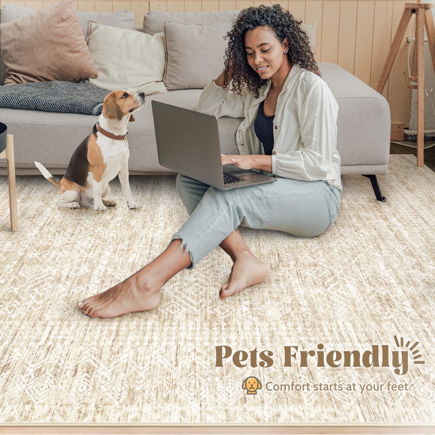 Washable Area Rug 5x7: Moroccan Rug for Living Room Geometric Boho Rug Farmhouse Non Slip Stain Resistant Rugs Low Pile Soft Carpet for Bedroom Dining Room Home Office Children Room (Beige,5'x7')