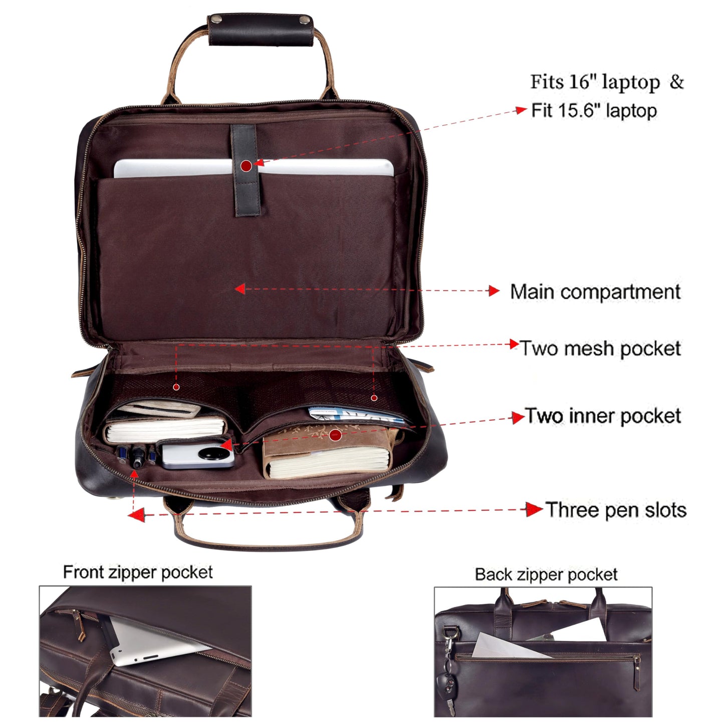 Full Grain Leather Slim Briefcase for Men 17.6 Inch Laptop Messenger Bags Crossbody Shoulder Brown Vintage Attache Case Business Work Lawyer Computer Bag