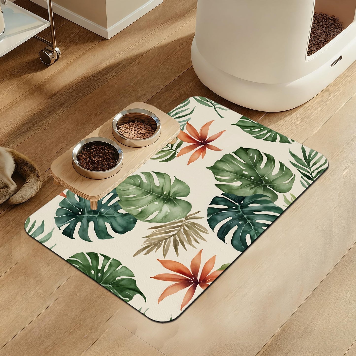 Boho Tropical Palm Pet Feeding Mat–Quick Dry Absorbent Dog Cat Food Mat, Non Slip Waterproof Bowl Placemat for Messy Eaters, Pet Accessories for Floors 12"x20"