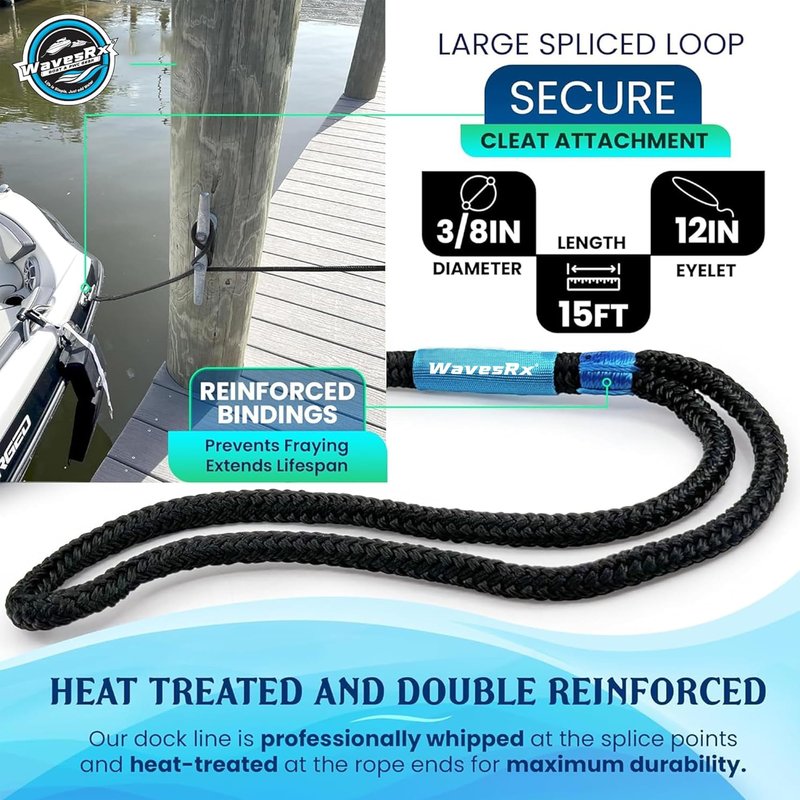 Premium Nylon Boat Dock Lines & Ropes for Docking 3/8'' x 15' | Double Braided Marine Rope & Mooring Line| Boat Ropes for Docking with Loop | UV & Saltwater Resistant Dock Ropes for Boats & Pontoons